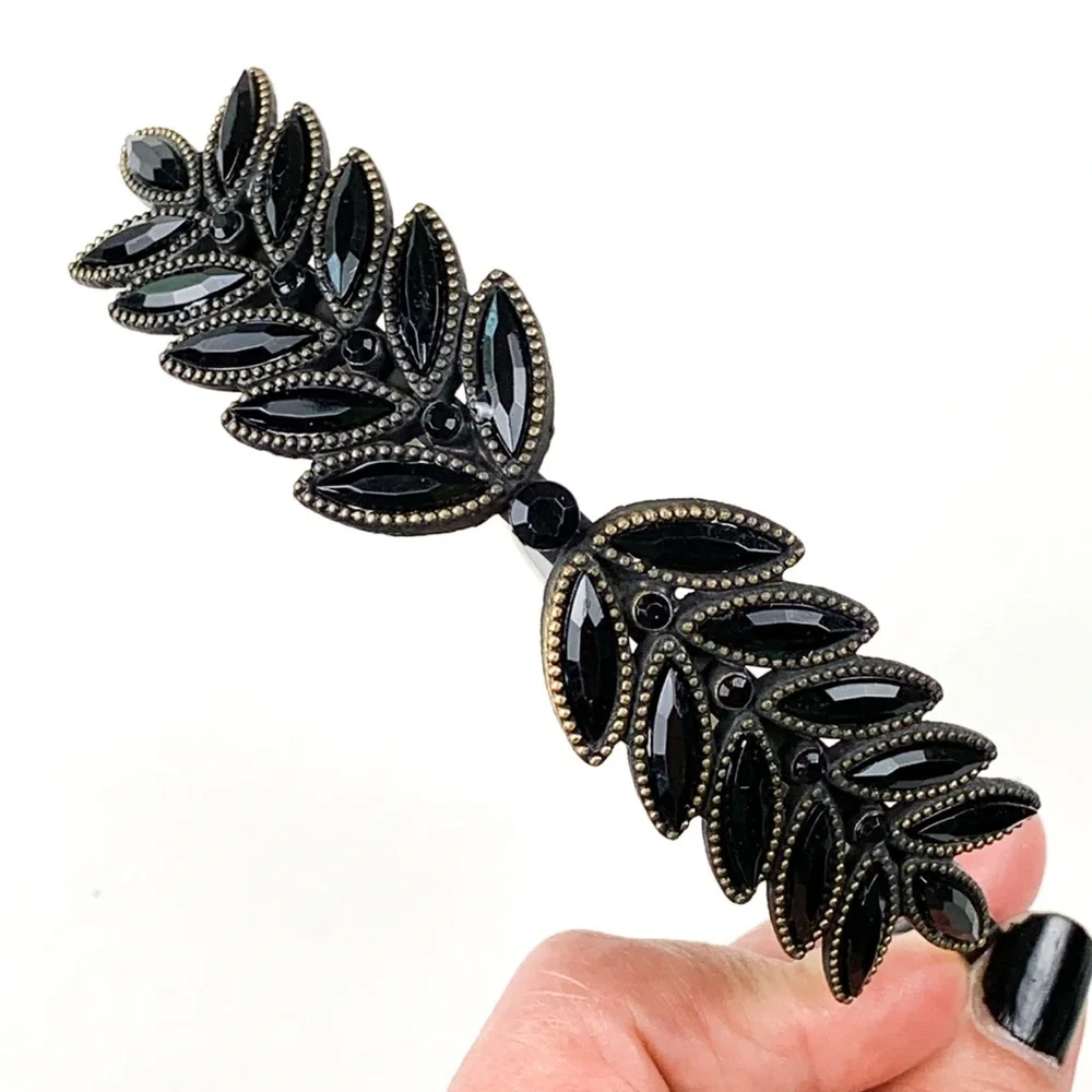 Beaded headband bronze metal band black laurel leaf style beading